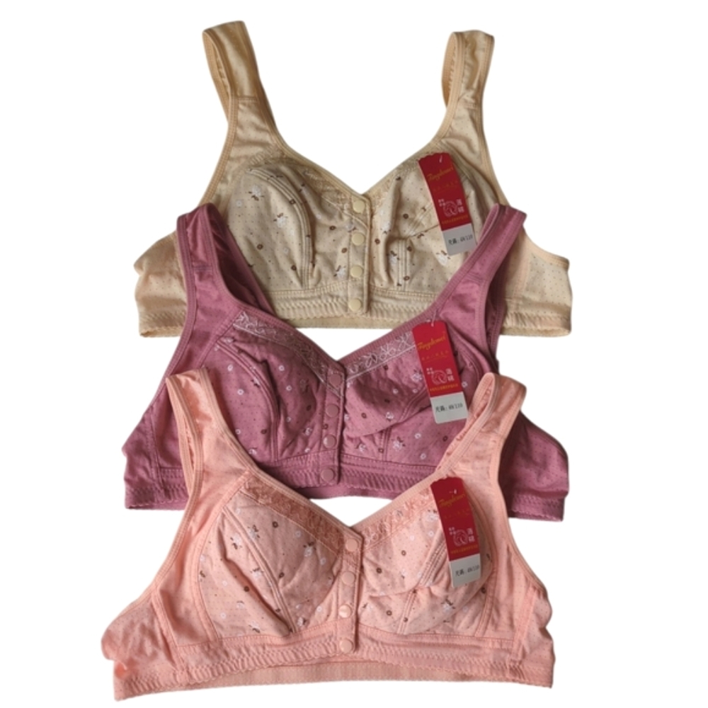 NWT (3) Fingdemei Floral Wirefree Front Closure Bras Chinese 48/110 Pink Cream